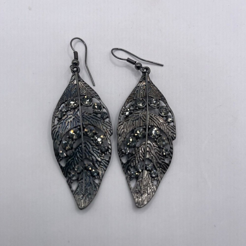Vintage Black With Black Rhinestone Feather Drop Earrings 3”